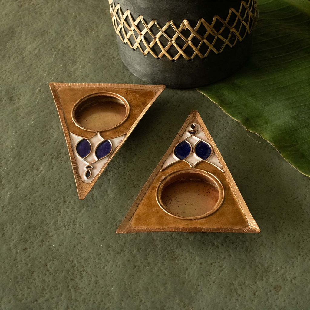 EkiBeki Handcrafted Tealight holder Rangoli Brown Triangle (Set of 2)
