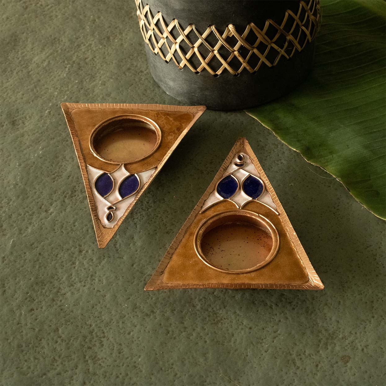 EkiBeki Handcrafted Tealight holder Rangoli Brown Triangle (Set of 2)
