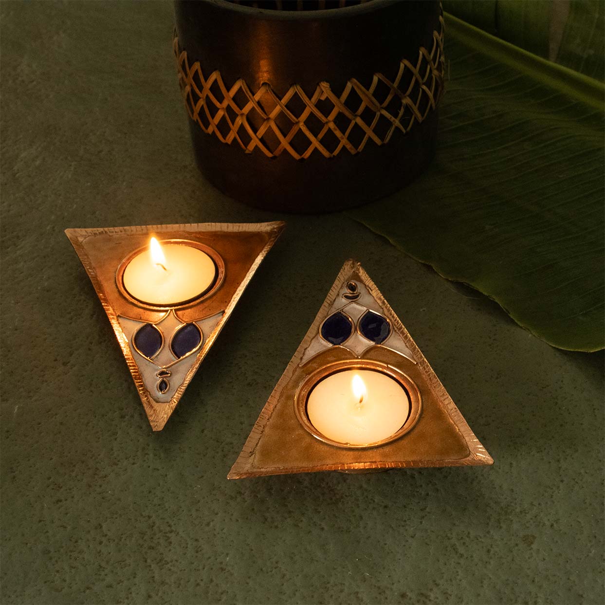 EkiBeki Handcrafted Tealight holder Rangoli Brown Triangle (Set of 2)