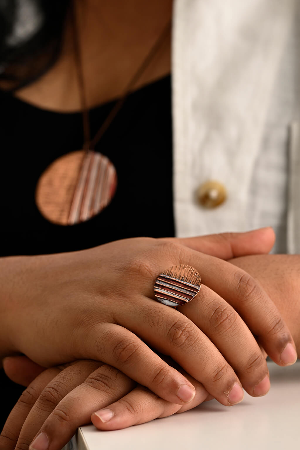 Hand Crafted Copper Enamel -  Crinkle Fire Ring