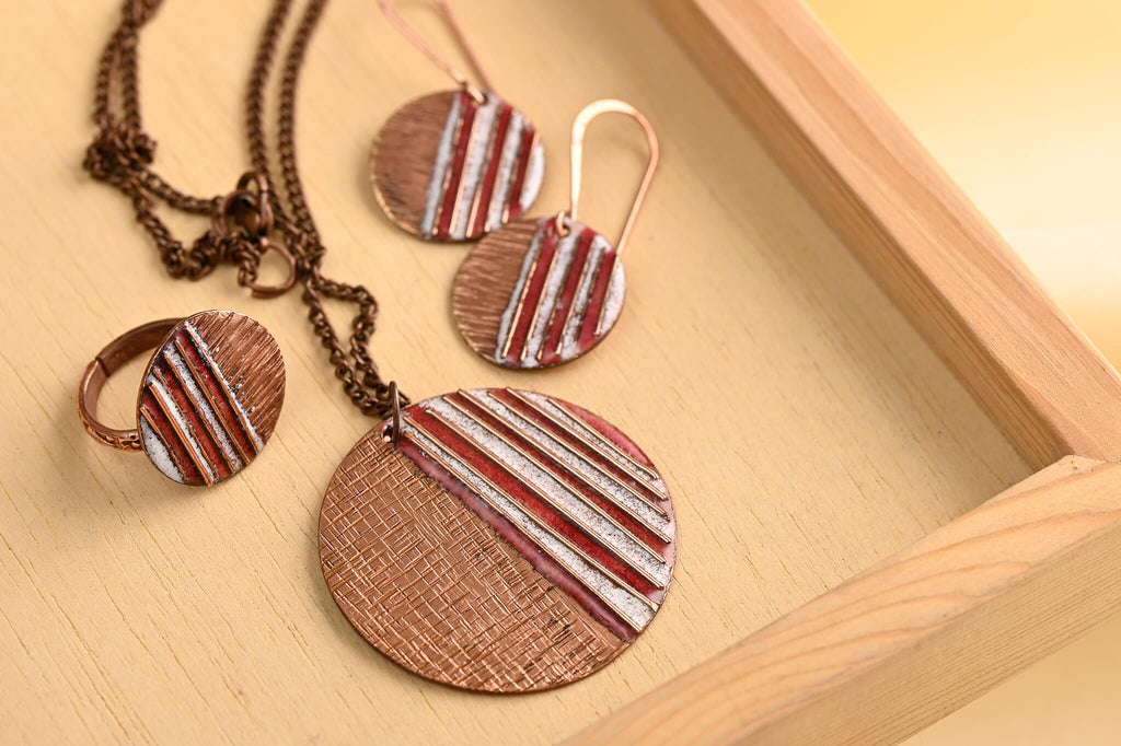 Hand Crafted Copper Enamel -  Crinkle Fire Set Small