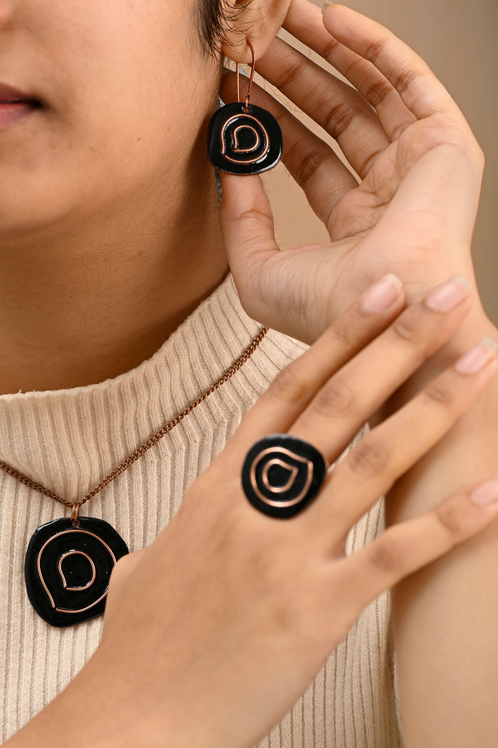 Hand Crafted Copper Enamel -  Vartul Black Earrings