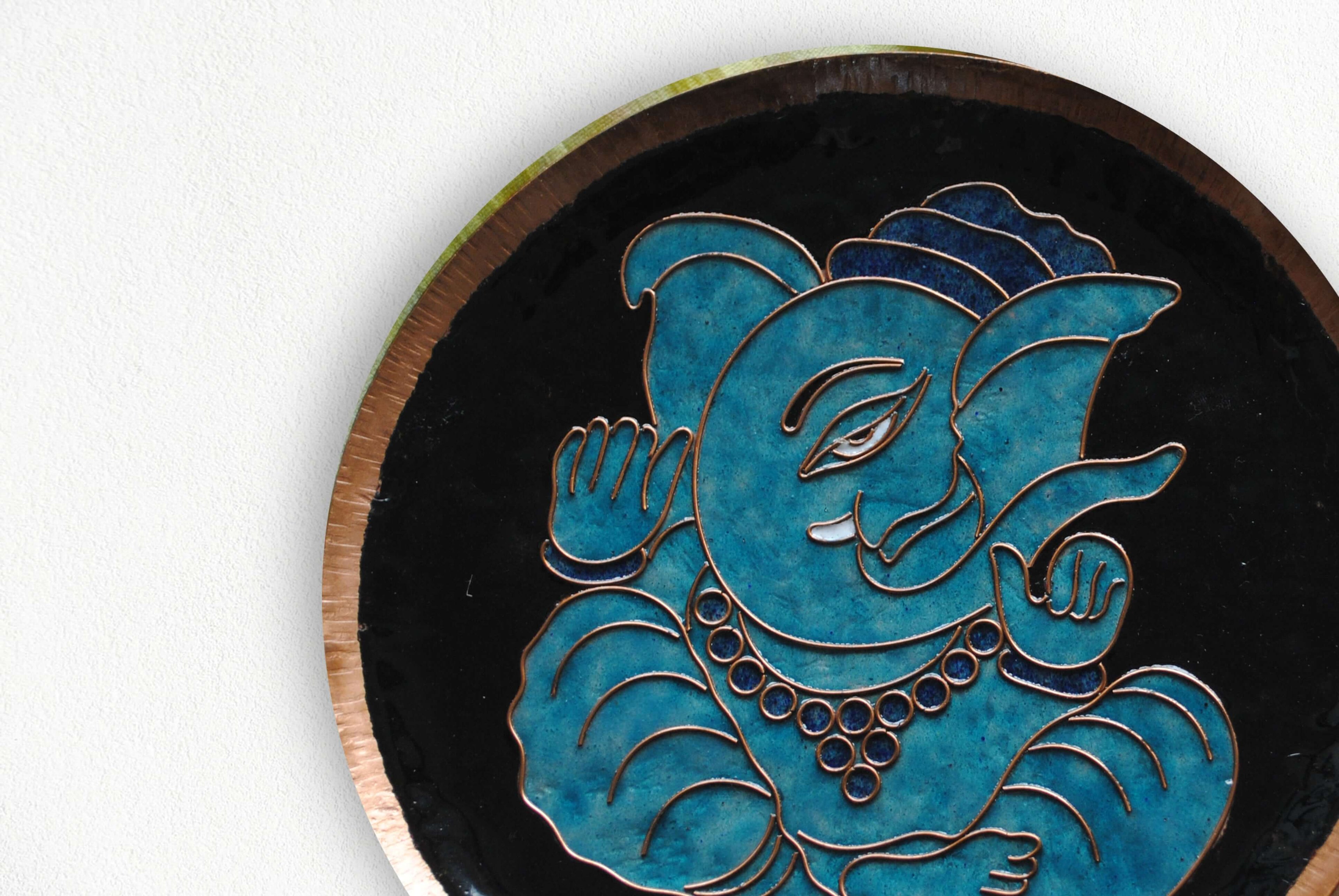 Home decor wall plates of Ganesh as Omkara, Ekdanaka, Vinayaka, handpainted and enameled on beaten copper