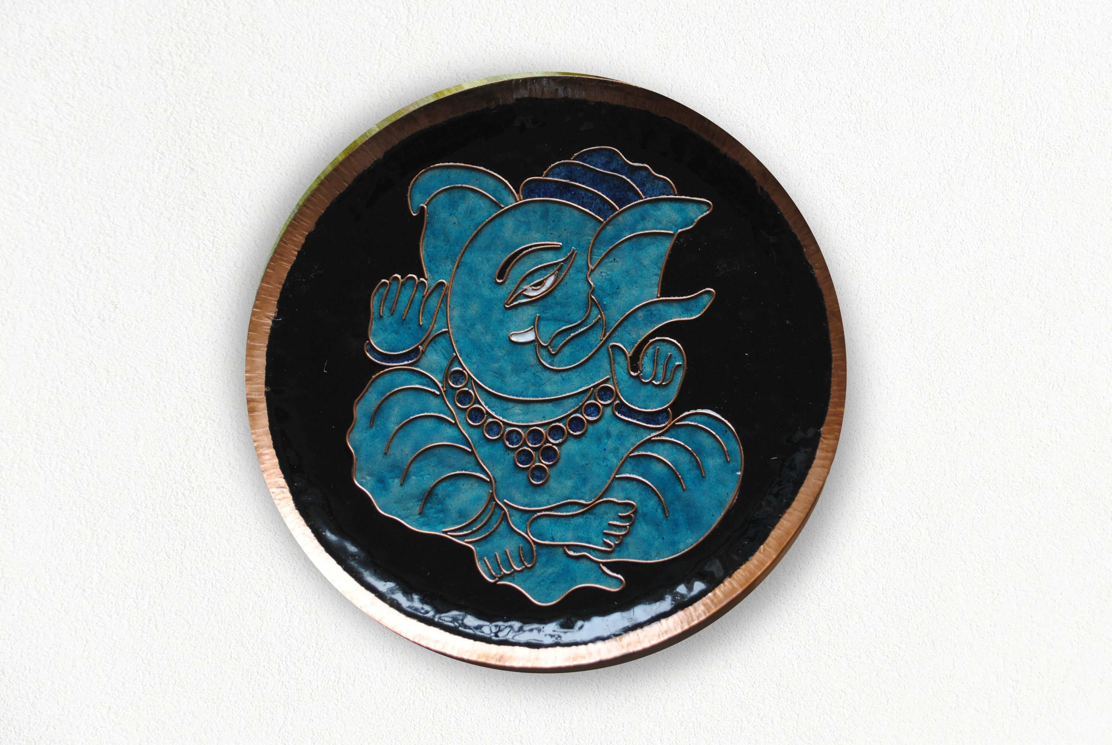 Home decor wall plates of Ganesh as Omkara, Ekdanaka, Vinayaka, handpainted and enameled on beaten copper