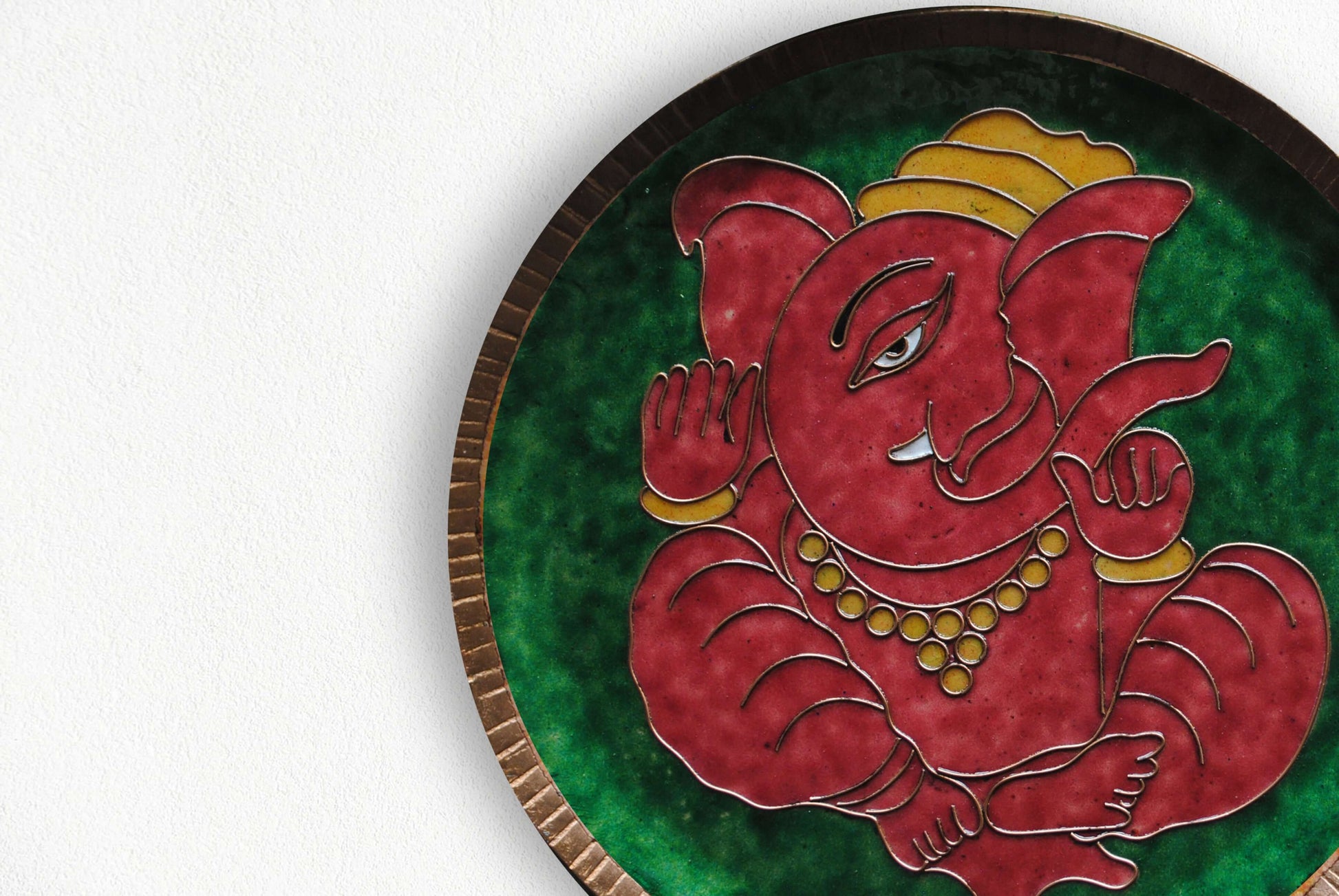 Home decor wall plates of Ganesh as Omkara, Ekdanaka, Vinayaka, handpainted and enameled on beaten copper