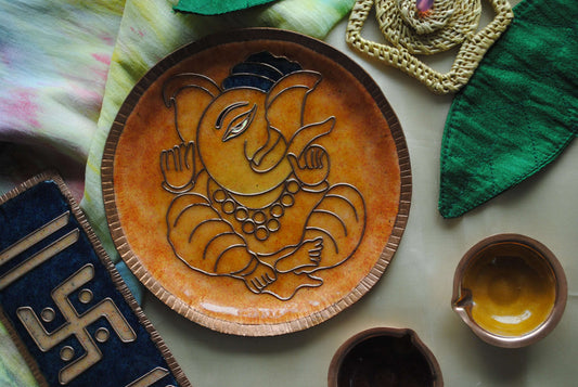 Home decor wall plates of Ganesh as Omkara, Ekdanaka, Vinayaka, handpainted and enameled on beaten copper
