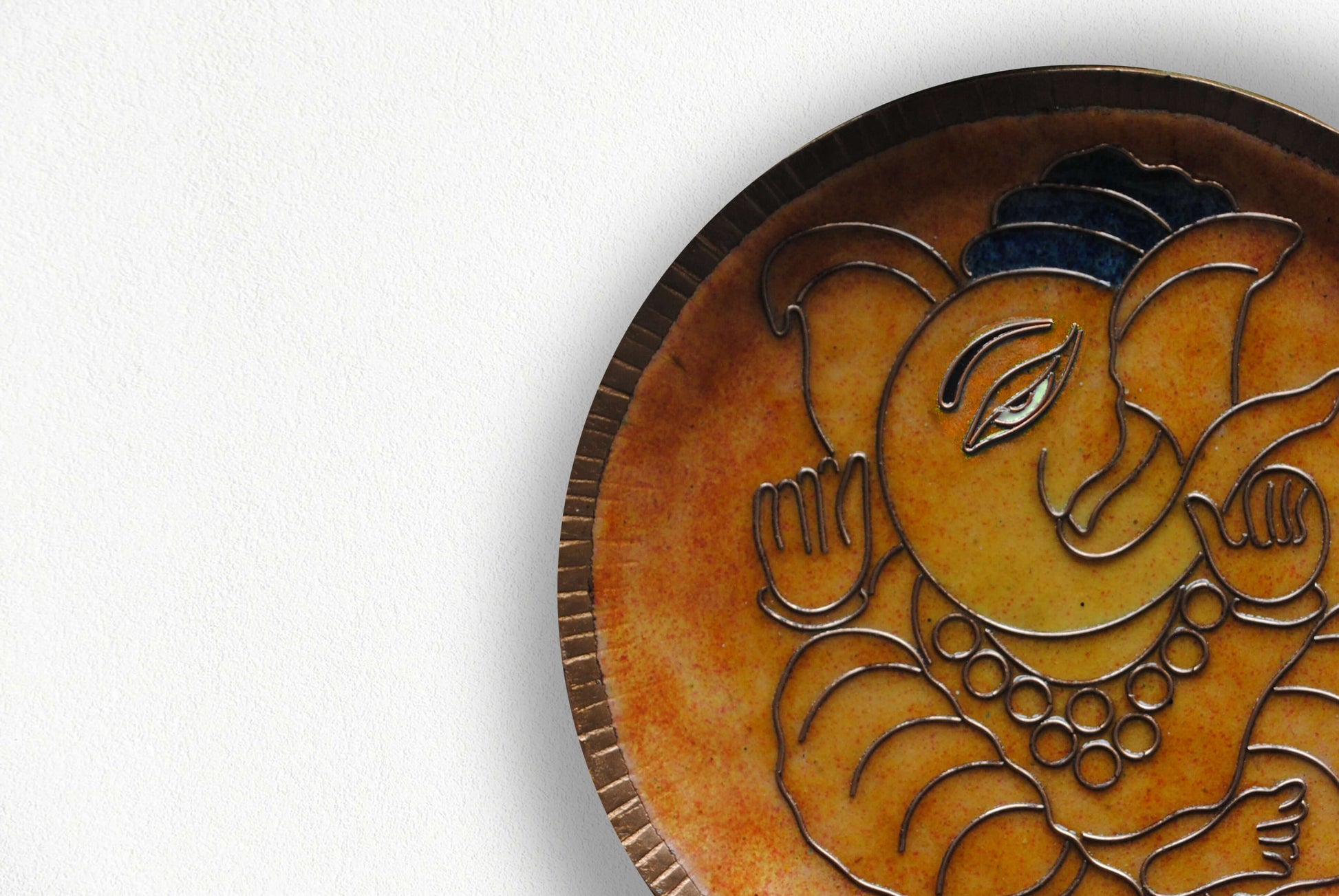 Home decor wall plates of Ganesh as Omkara, Ekdanaka, Vinayaka, handpainted and enameled on beaten copper