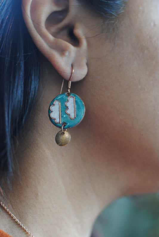 Copper enamel jewelry, handcrafted in Maharashtra, India. Baadal design earrings