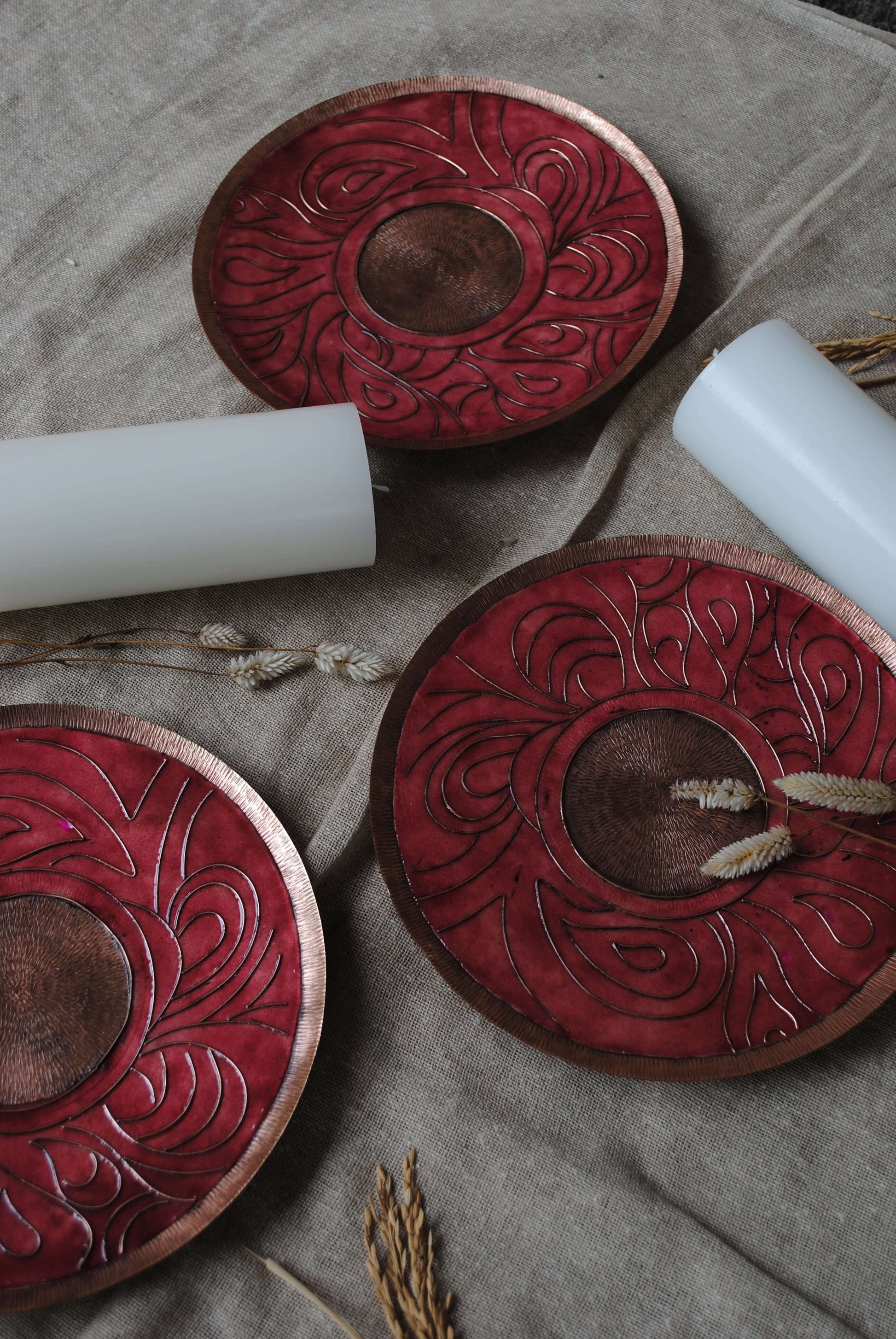 Home decor copper enamel wall plates and candle holder Lakhire range of bold, simple designs. Handcrafted by artisans in Maharashtra