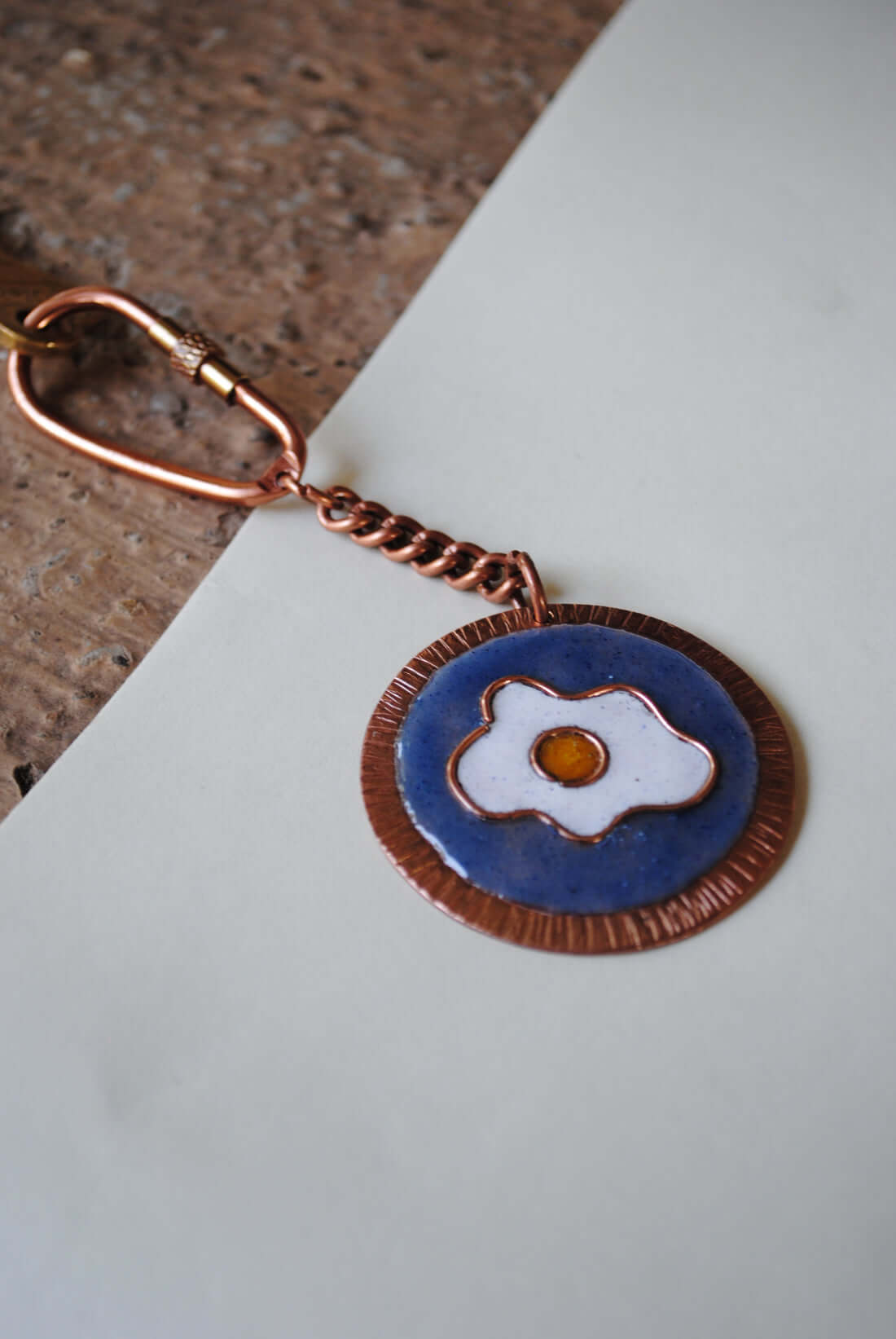 Copper enamel trinkets, keychain handcrafted in Maharashtra, India. Funky egg design