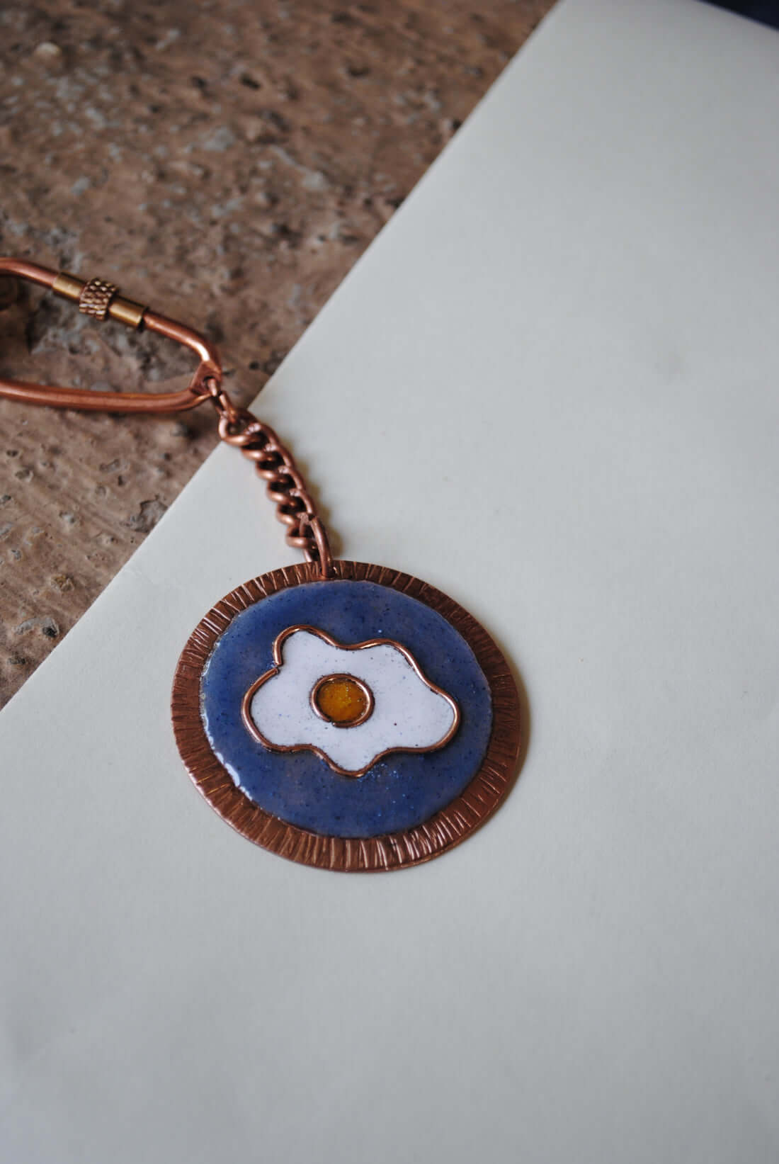 Copper enamel trinkets, keychain handcrafted in Maharashtra, India. Funky egg design