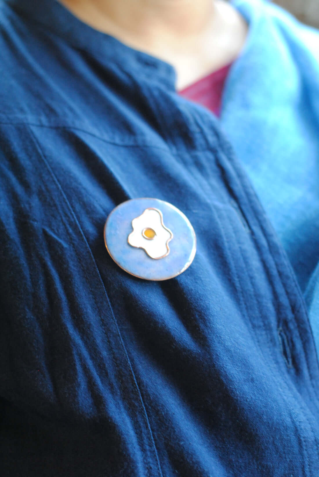 Copper enamel trinkets, lapel pin handcrafted in Maharashtra, India. Funky egg design