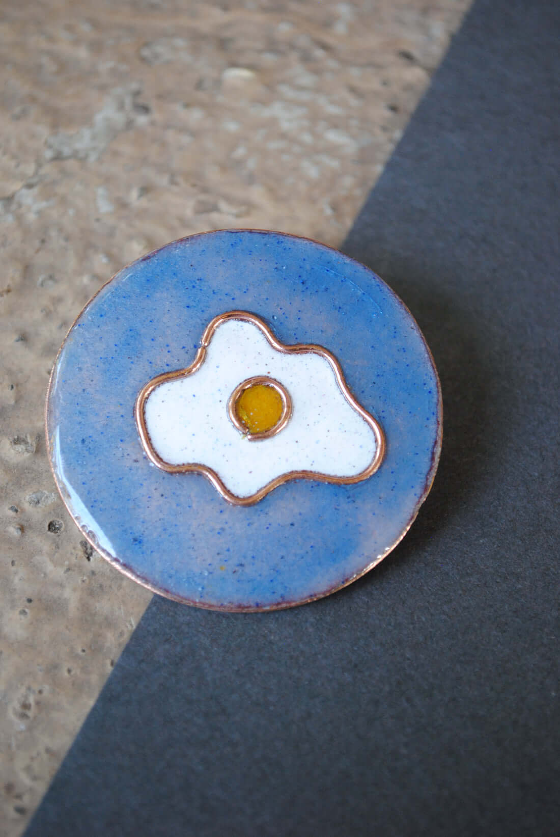 Copper enamel trinkets, lapel pin handcrafted in Maharashtra, India. Funky egg design