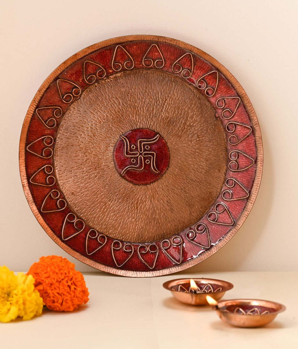 Copper enamel home decor, handcrafted in Maharashtra, India. Archana pooja thali and diya combo package