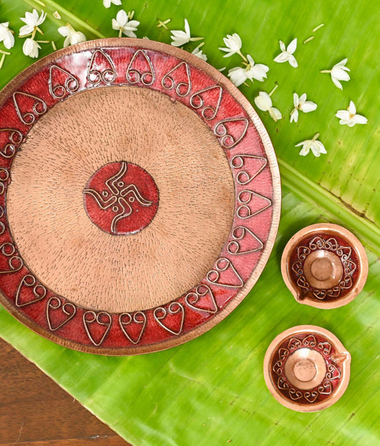 Copper enamel home decor, handcrafted in Maharashtra, India. Archana pooja thali and diya combo package