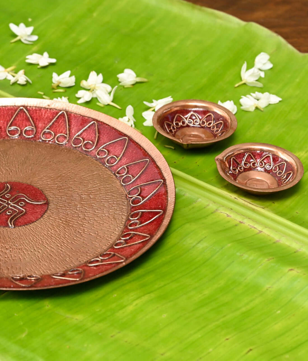 Copper enamel home decor, handcrafted in Maharashtra, India. Archana pooja thali and diya combo package