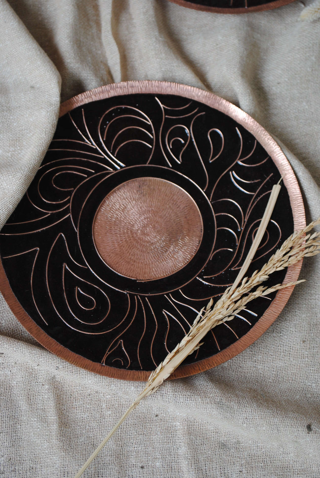 Home decor copper enamel wall plates and candle holder Lakhire range of bold, simple designs. Handcrafted by artisans in Maharashtra