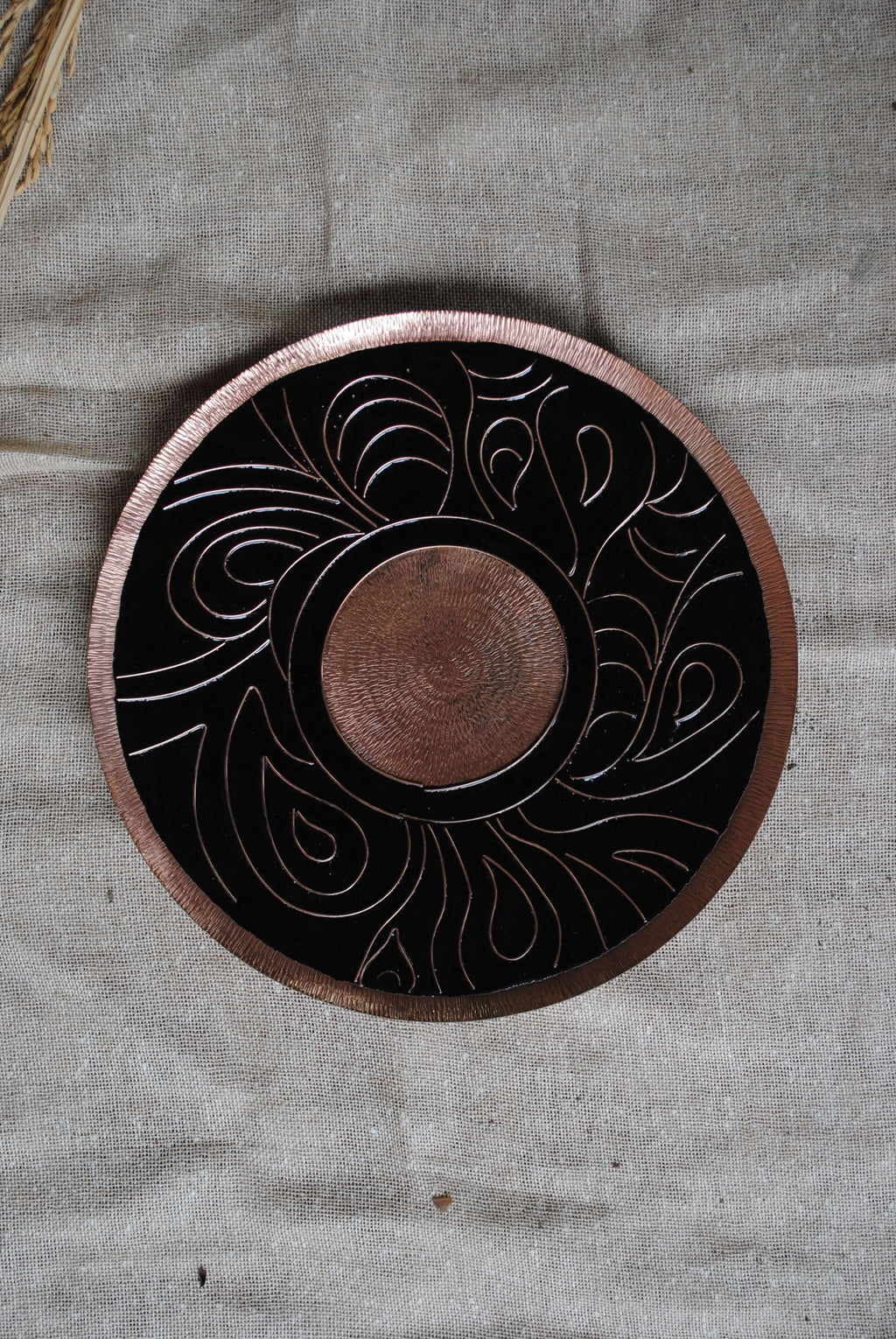 Home decor copper enamel wall plates and candle holder Lakhire range of bold, simple designs. Handcrafted by artisans in Maharashtra