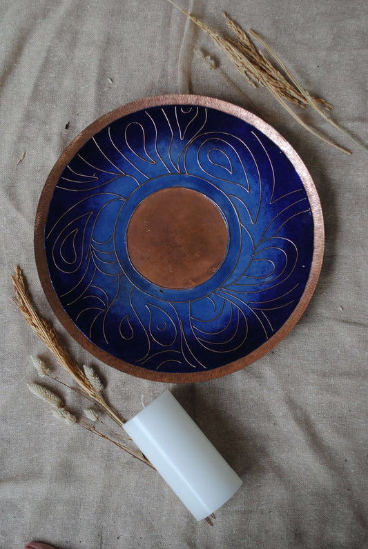 Home decor copper enamel wall plates and candle holder Lakhire range of bold, simple designs. Handcrafted by artisans in Maharashtra
