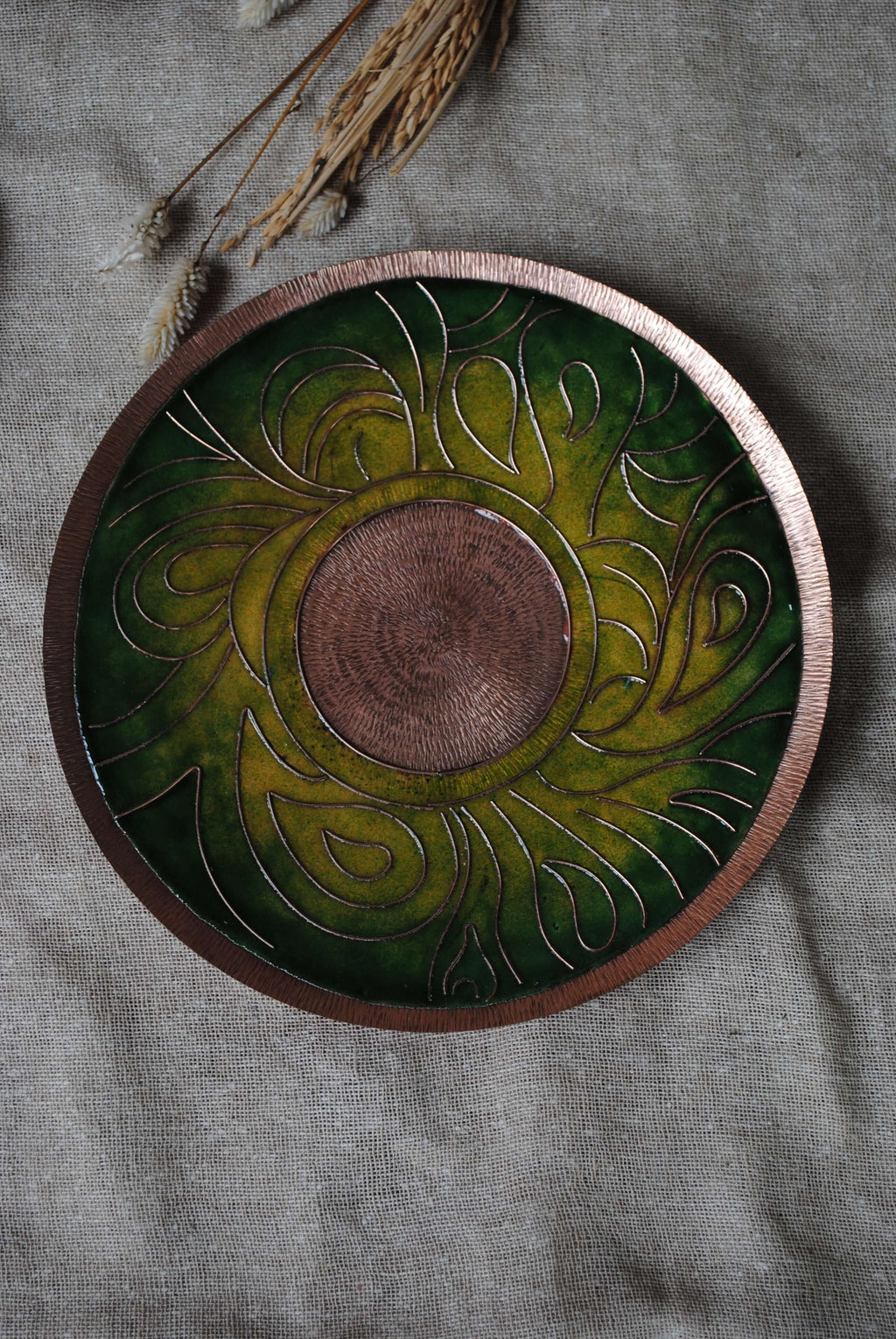 Home decor copper enamel wall plates and candle holder Lakhire range of bold, simple designs. Handcrafted by artisans in Maharashtra