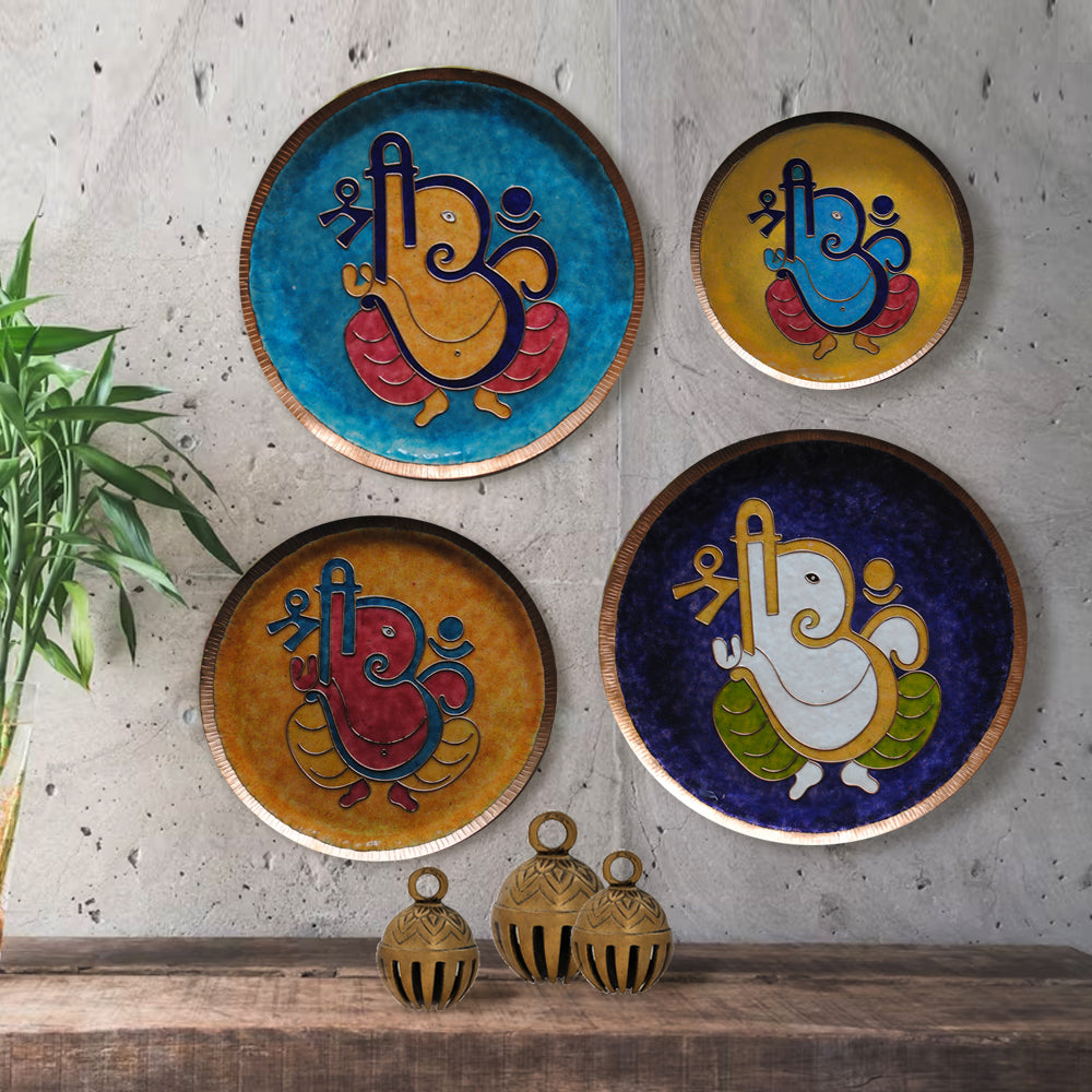 Home decor wall plates of Ganesh as Omkara, Ekdanaka, Vinayaka, handpainted and enameled on beaten copper