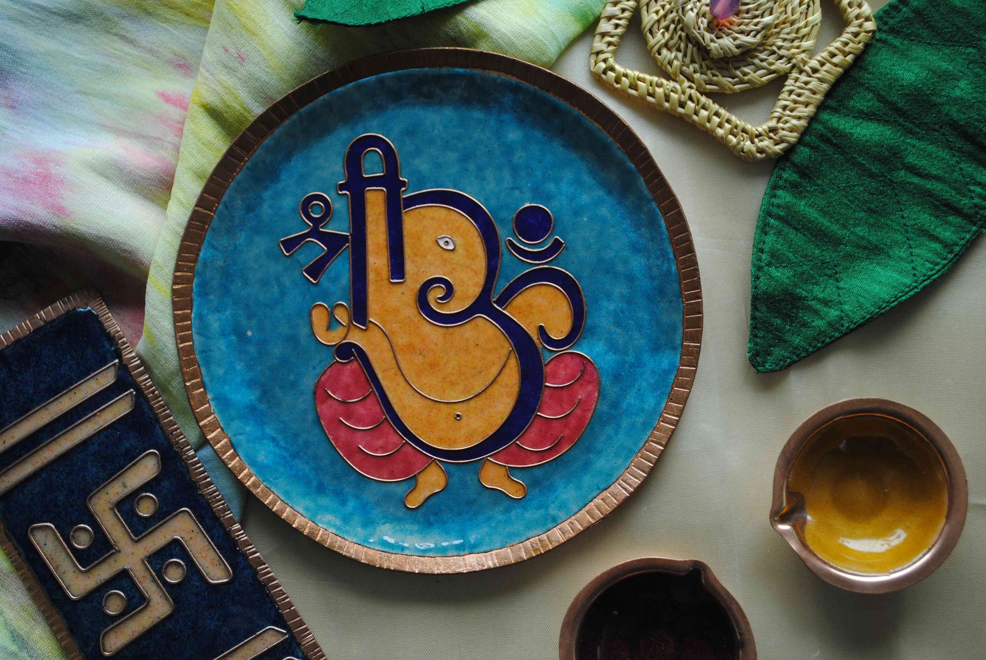 Copper enamel wallplates for home decor, Gajanana Ganesh, handcrafted in Maharashtra, India