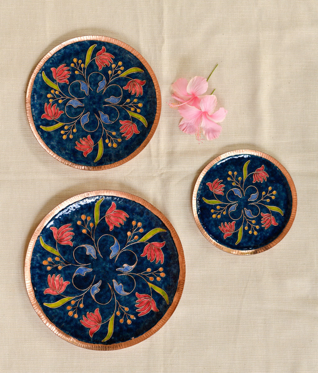 EkiBeki Handcrafted Copper Enamel Swirling Lotus Navy Blue Wall Plate- 3 sizes