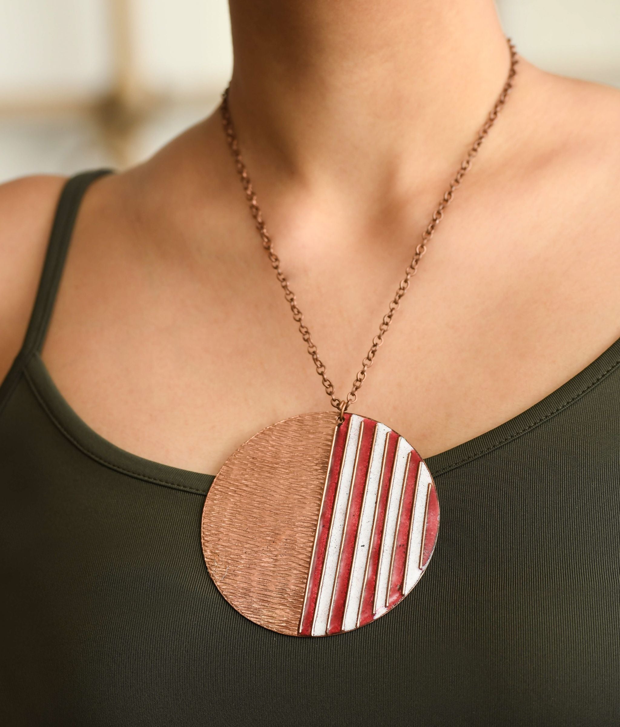 Handcrafted Copper Enamel Fire Large Pendant