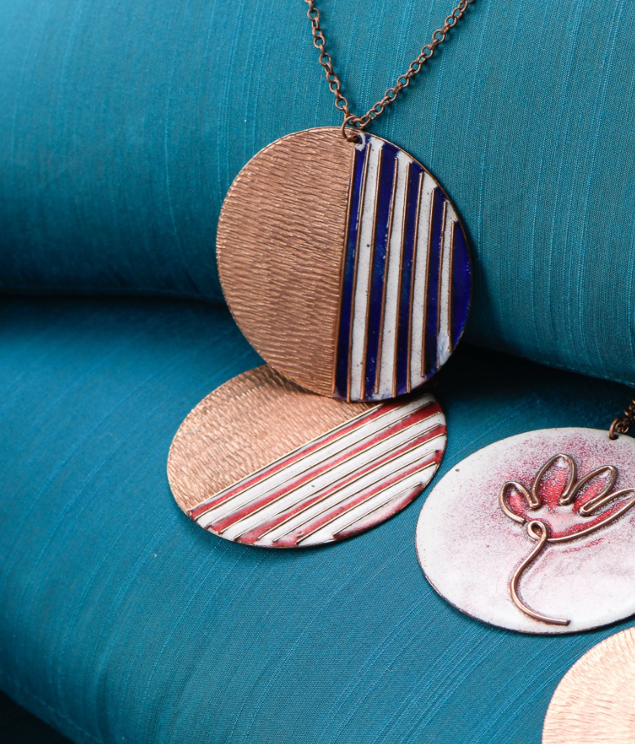 Handcrafted Copper Enamel Ocean Blue Large Pendant