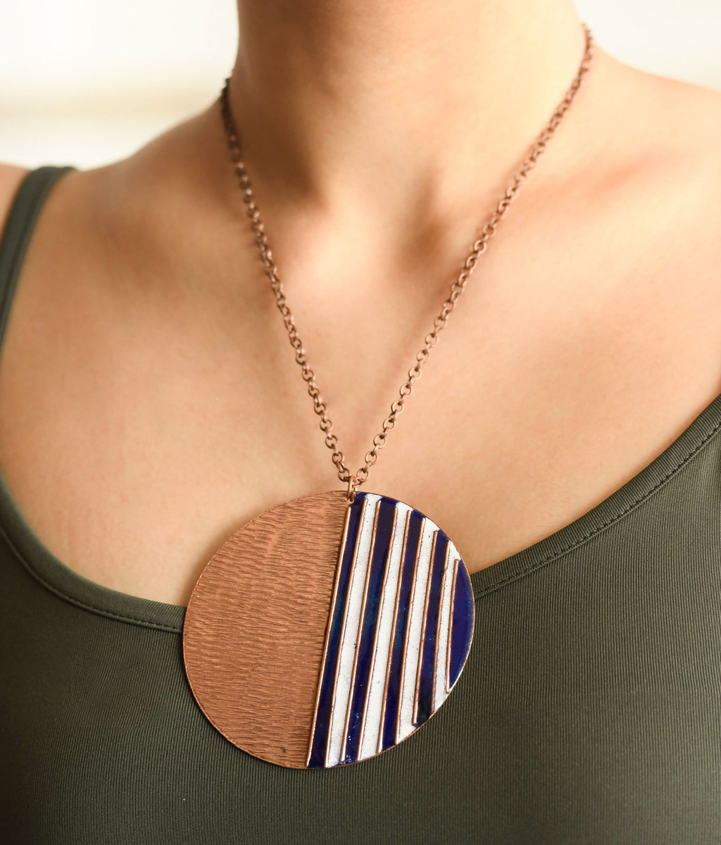 Handcrafted Copper Enamel Ocean Blue Large Pendant