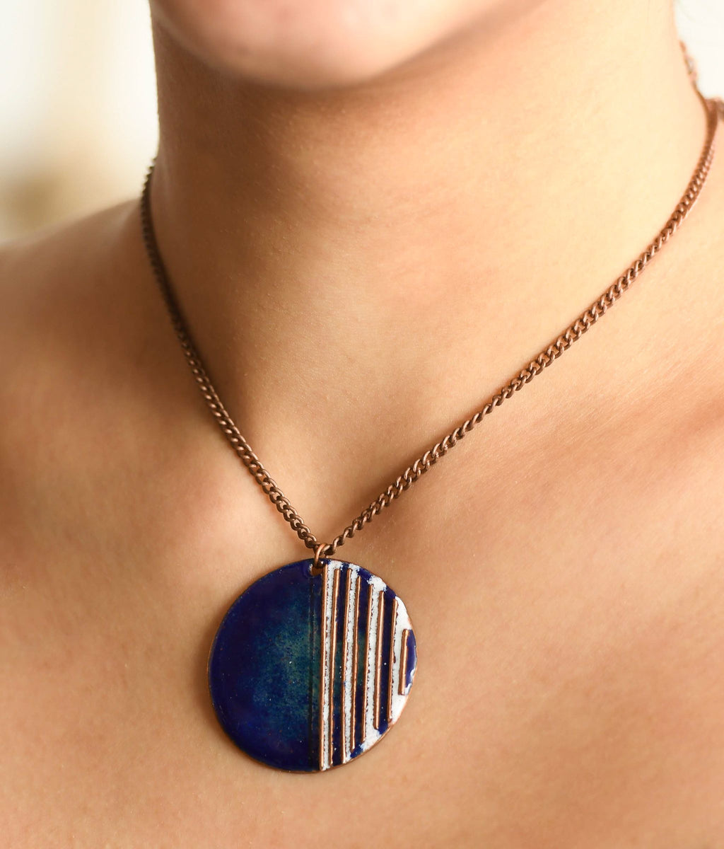 Handcrafted Copper Enamel Crinkle Ocean Small Pendant