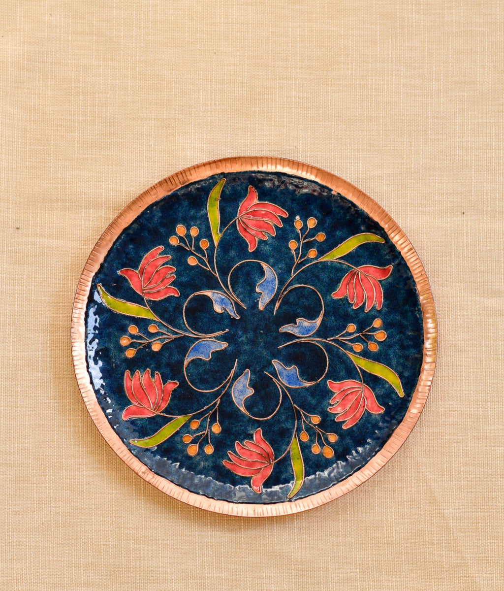 EkiBeki Handcrafted Copper Enamel Swirling Lotus Navy Blue Wall Plate- 3 sizes