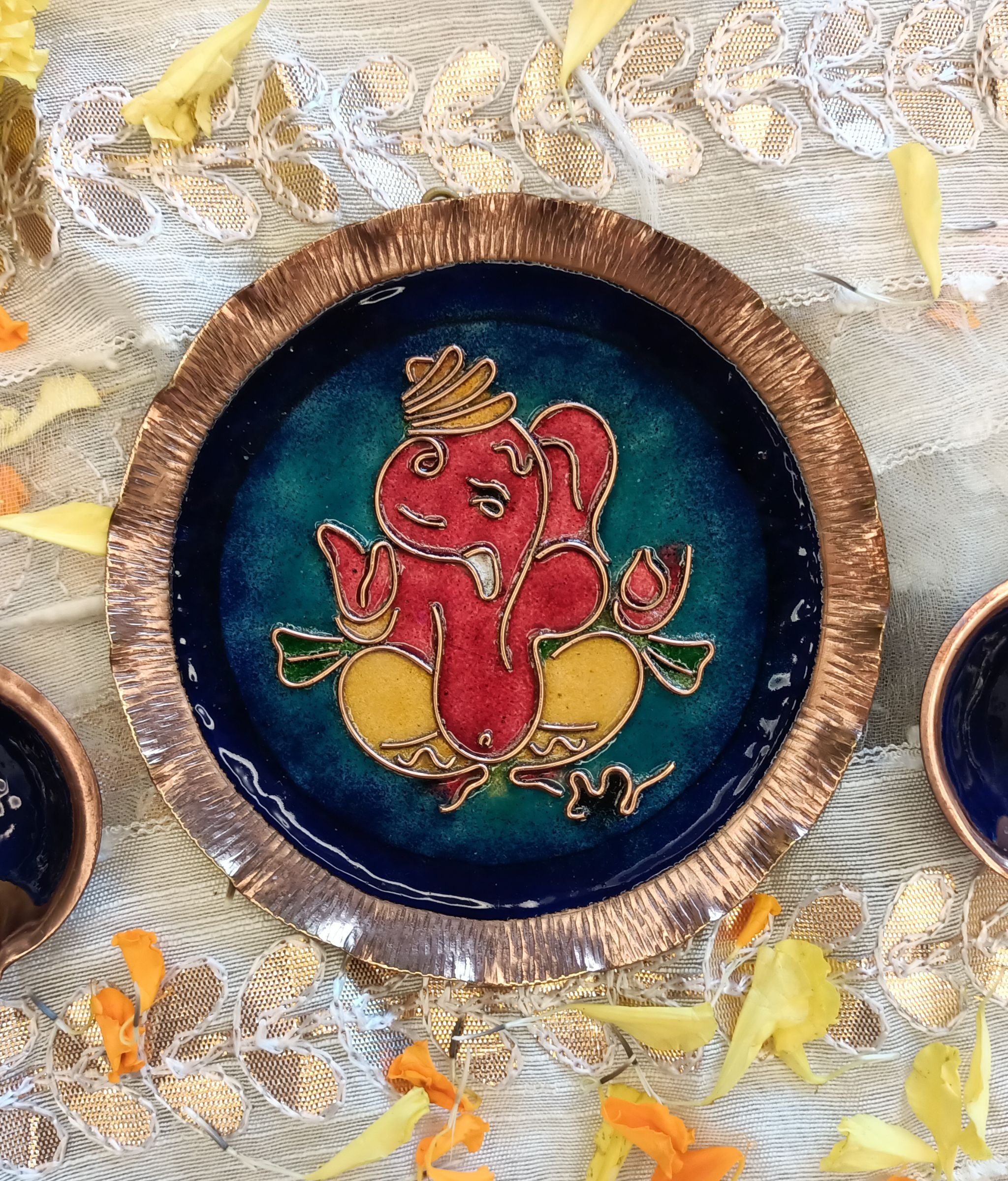 EkiBeki Handcrafted Copper Enamel Ganesh Wall Plate-(Size-5 inch)