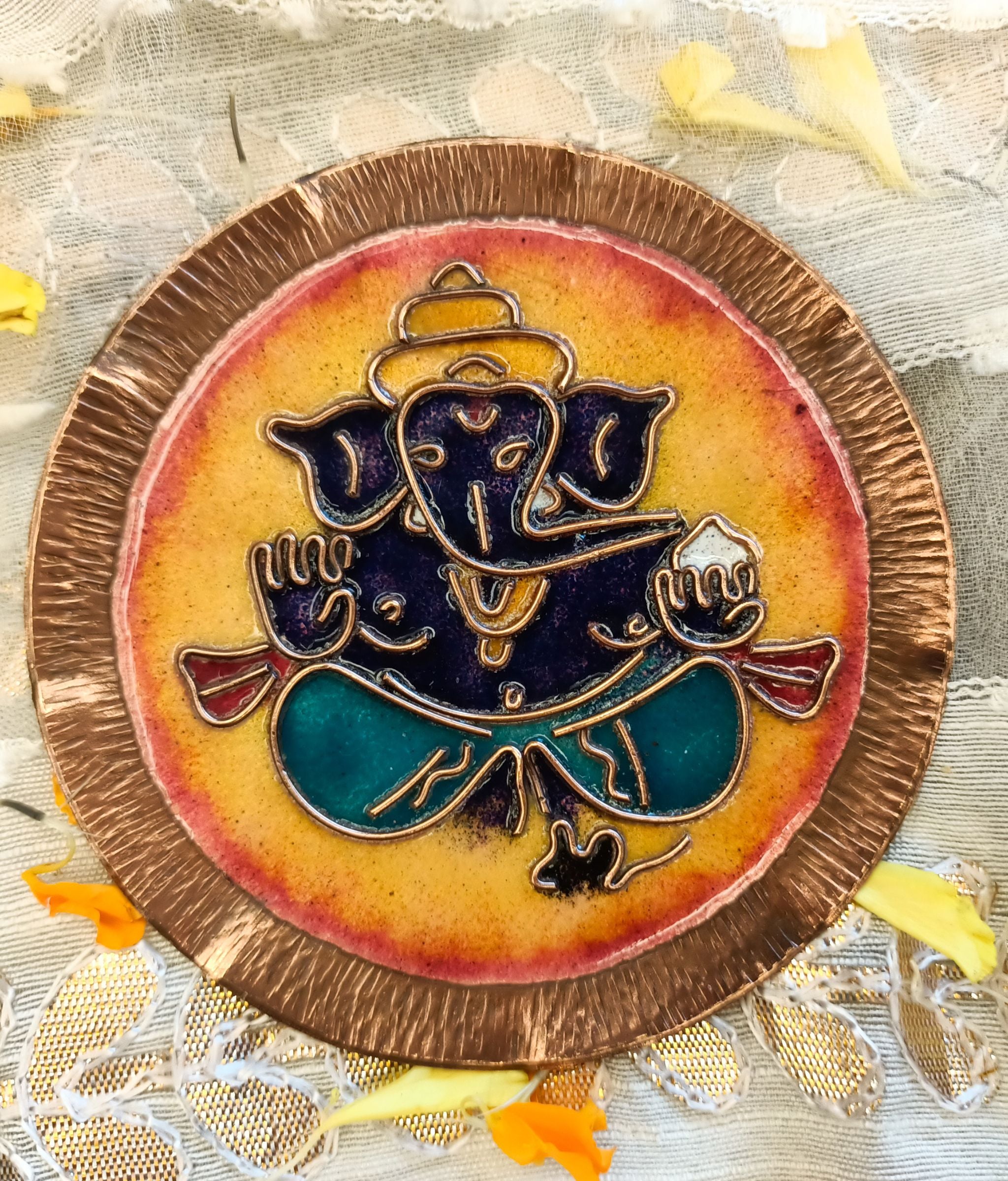 EkiBeki Handcrafted Copper Enamel Ganesh Orange Wall Plate-(Size-5 inch)