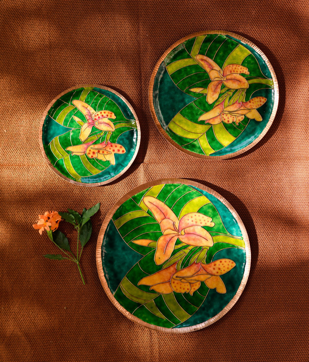 EkiBeki Handcrafted Copper Enamel Green Canna Wall Plate-3 sizes