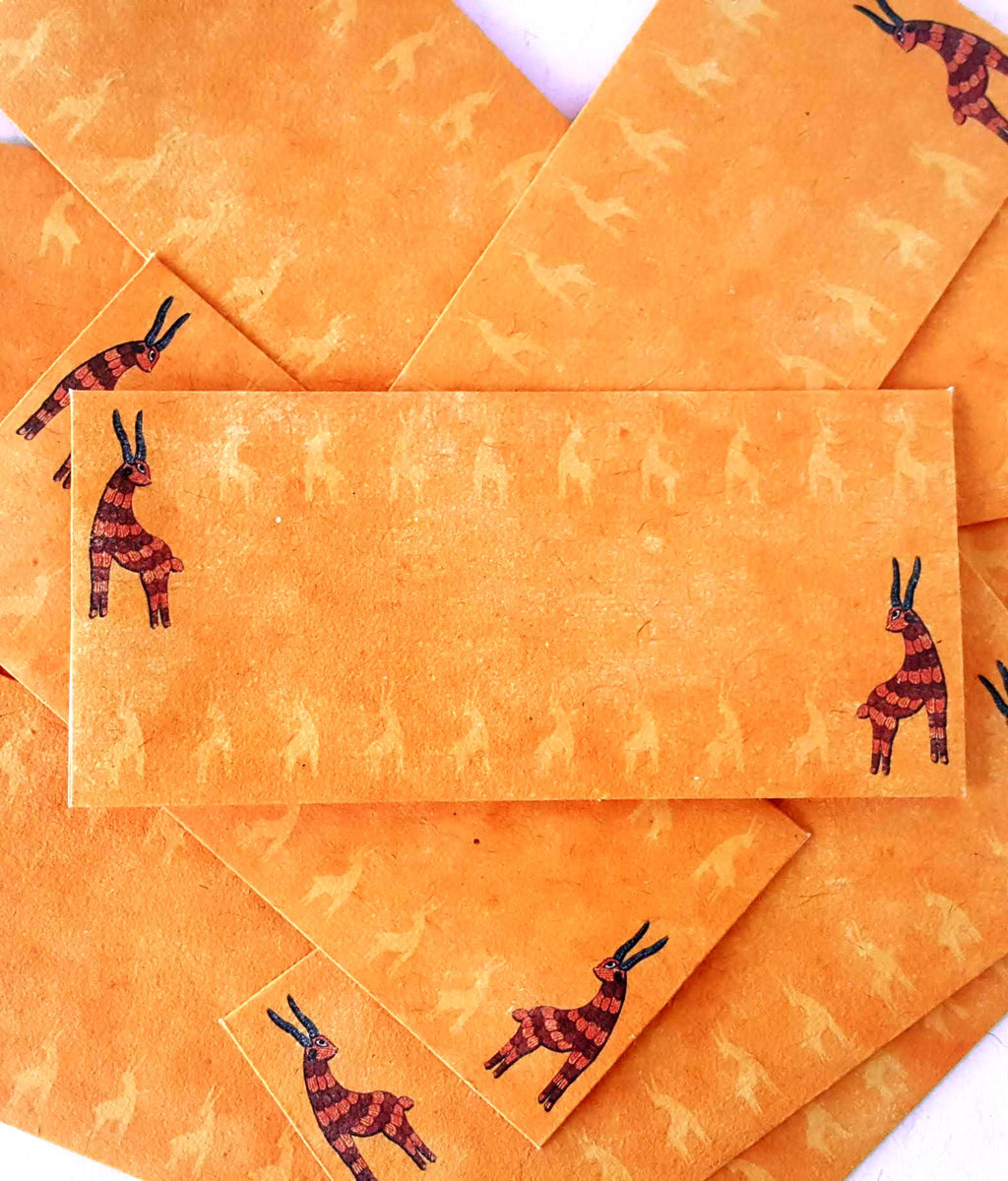 Set of 6 Orange Deer Handmade Gift Envelopes in Gond