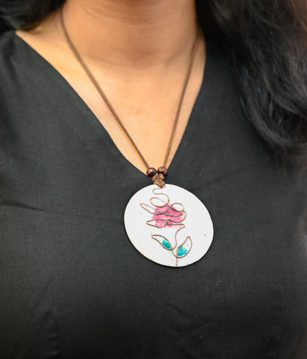 Handcrafted White Rose Copper Enamel Pendant