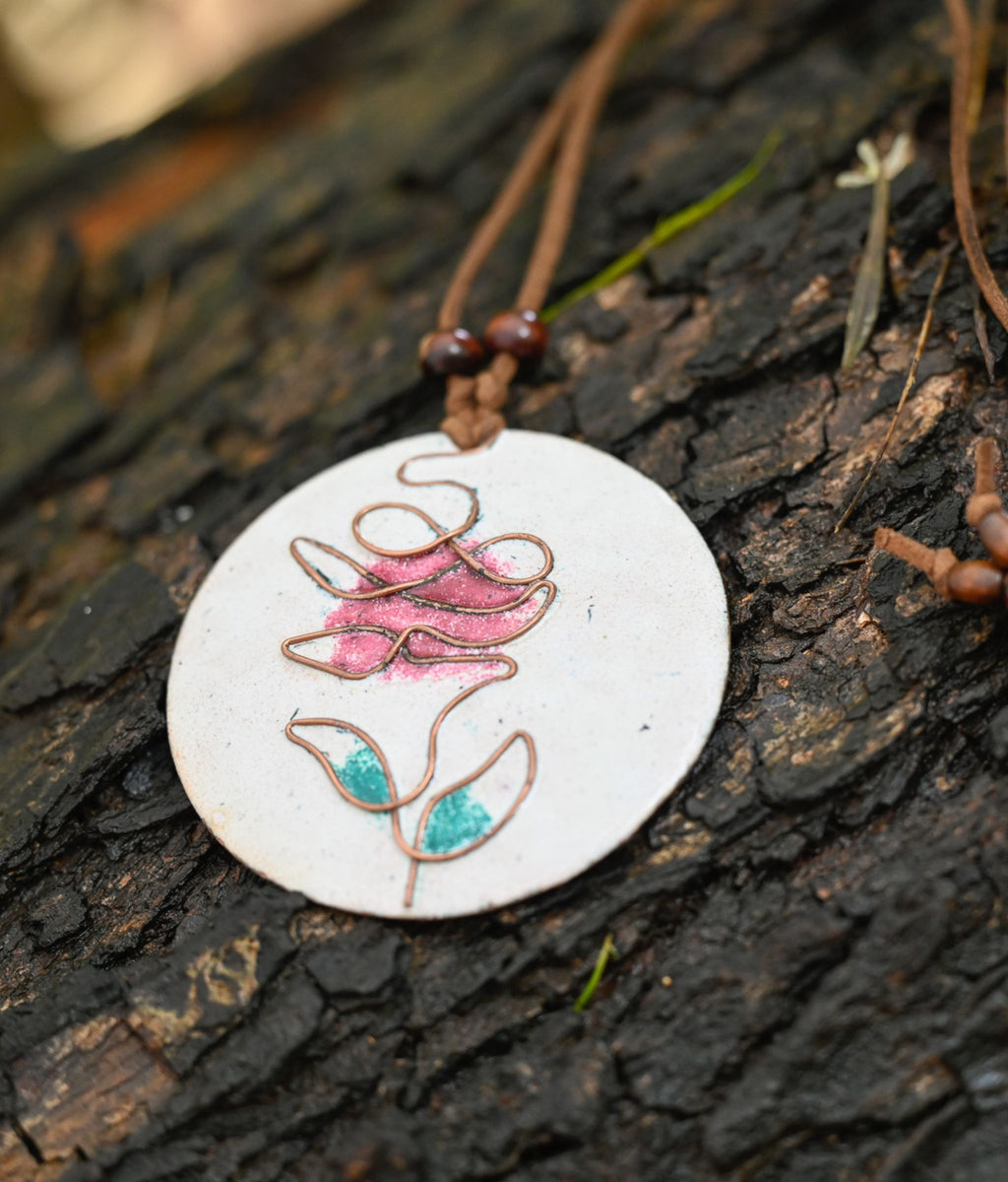 Handcrafted White Rose Copper Enamel Pendant