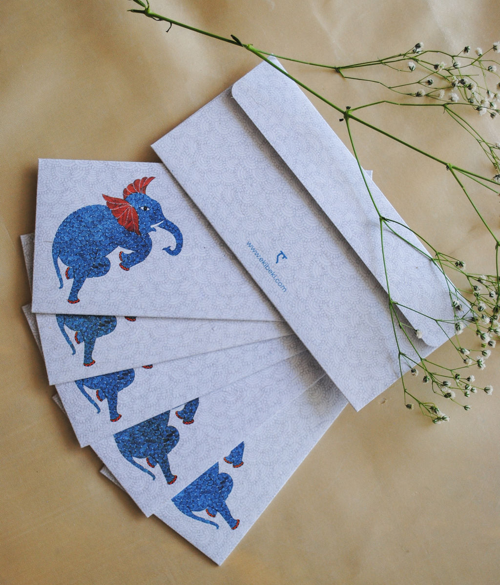 Artwork by native craftsmen of Chitrakathi, Gond, that are used as motifs to create stationery. This one is the gajoba elephant motif