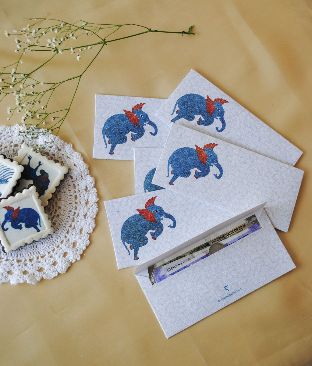 Artwork by native craftsmen of Chitrakathi, Gond, that are used as motifs to create stationery. This one is the gajoba elephant motif