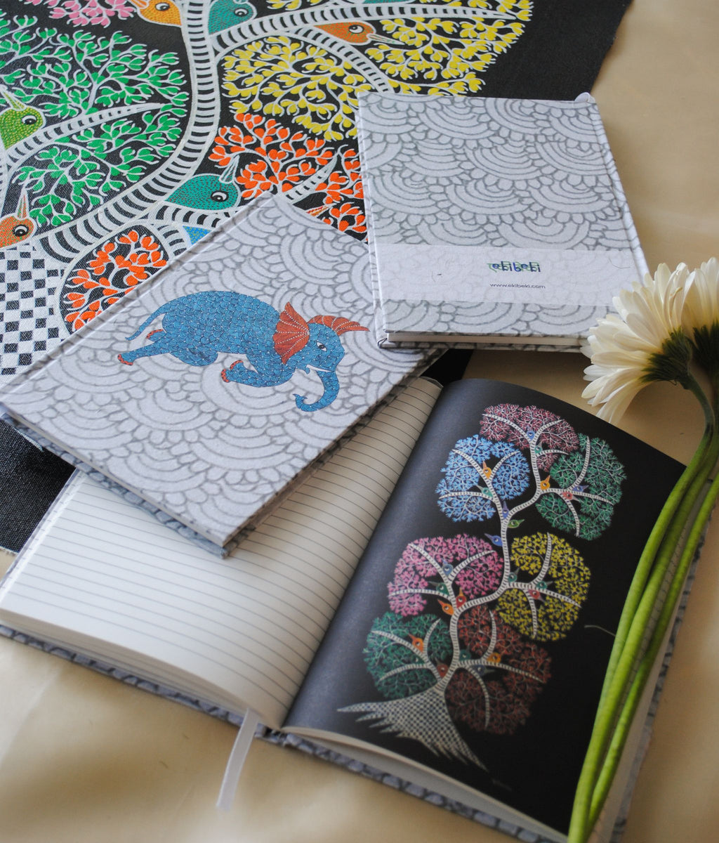 Artwork by native craftsmen of Chitrakathi, Gond, that are used as motifs to create stationery. This one is the gajoba elephant motif