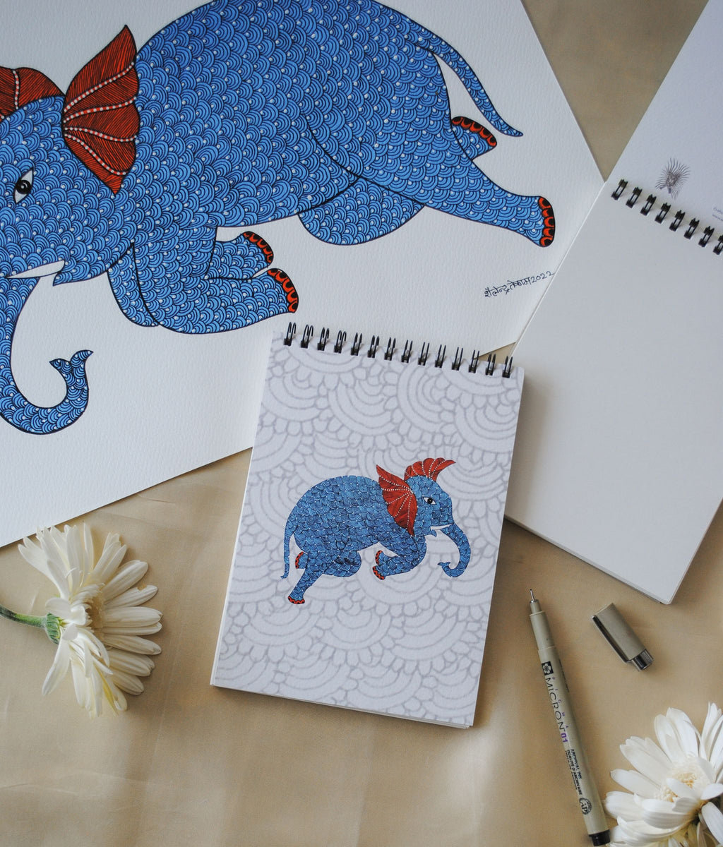 Artwork by native craftsmen of Chitrakathi, Gond, that are used as motifs to create stationery. This one is the gajoba elephant motif