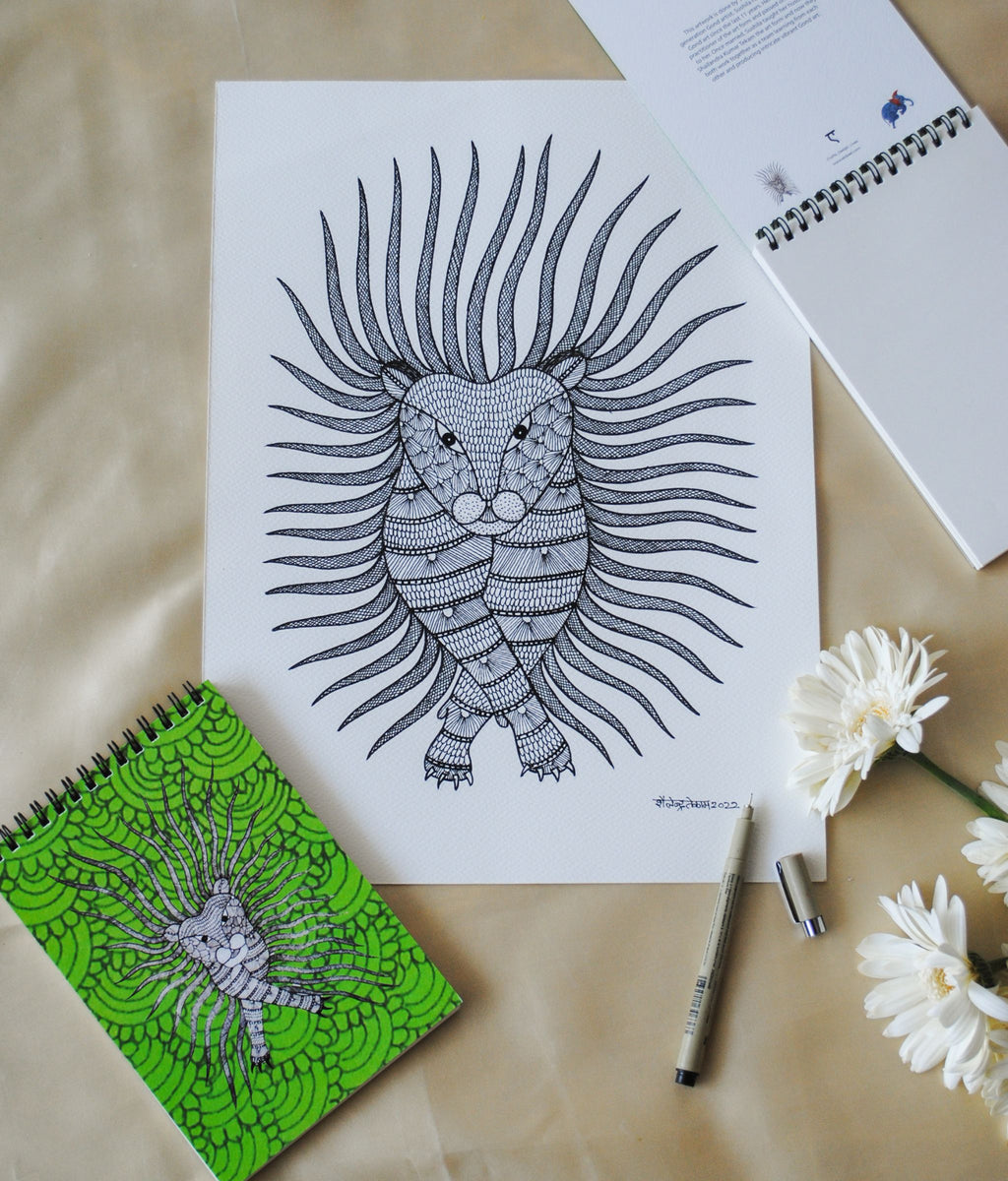 Artwork by native craftsmen of Chitrakathi, Gond, that are used as motifs to create stationery. This one is the waghoba lion motif