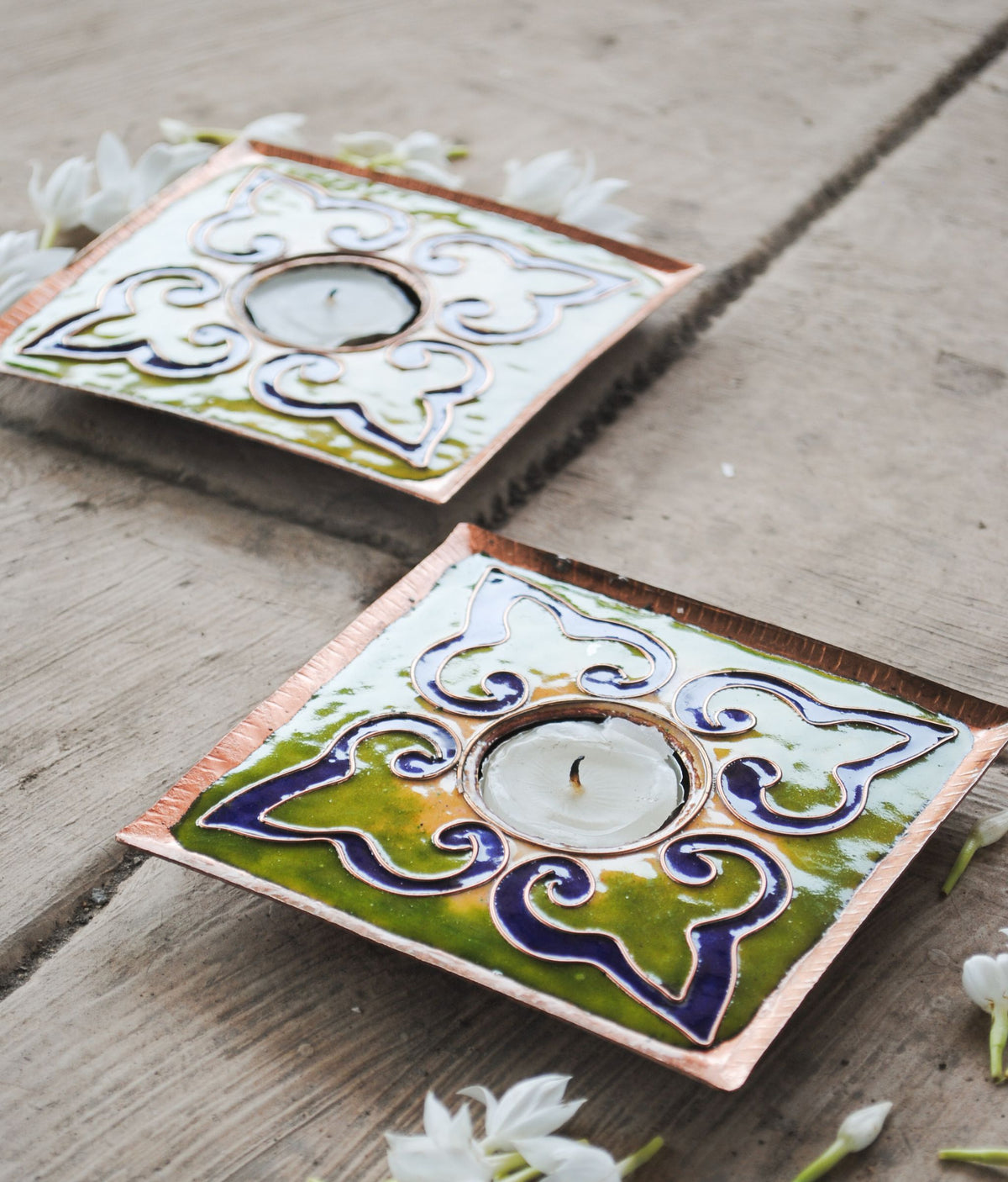 Copper enamel home decor, handcrafted in Maharashtra, India. Tea light holders
