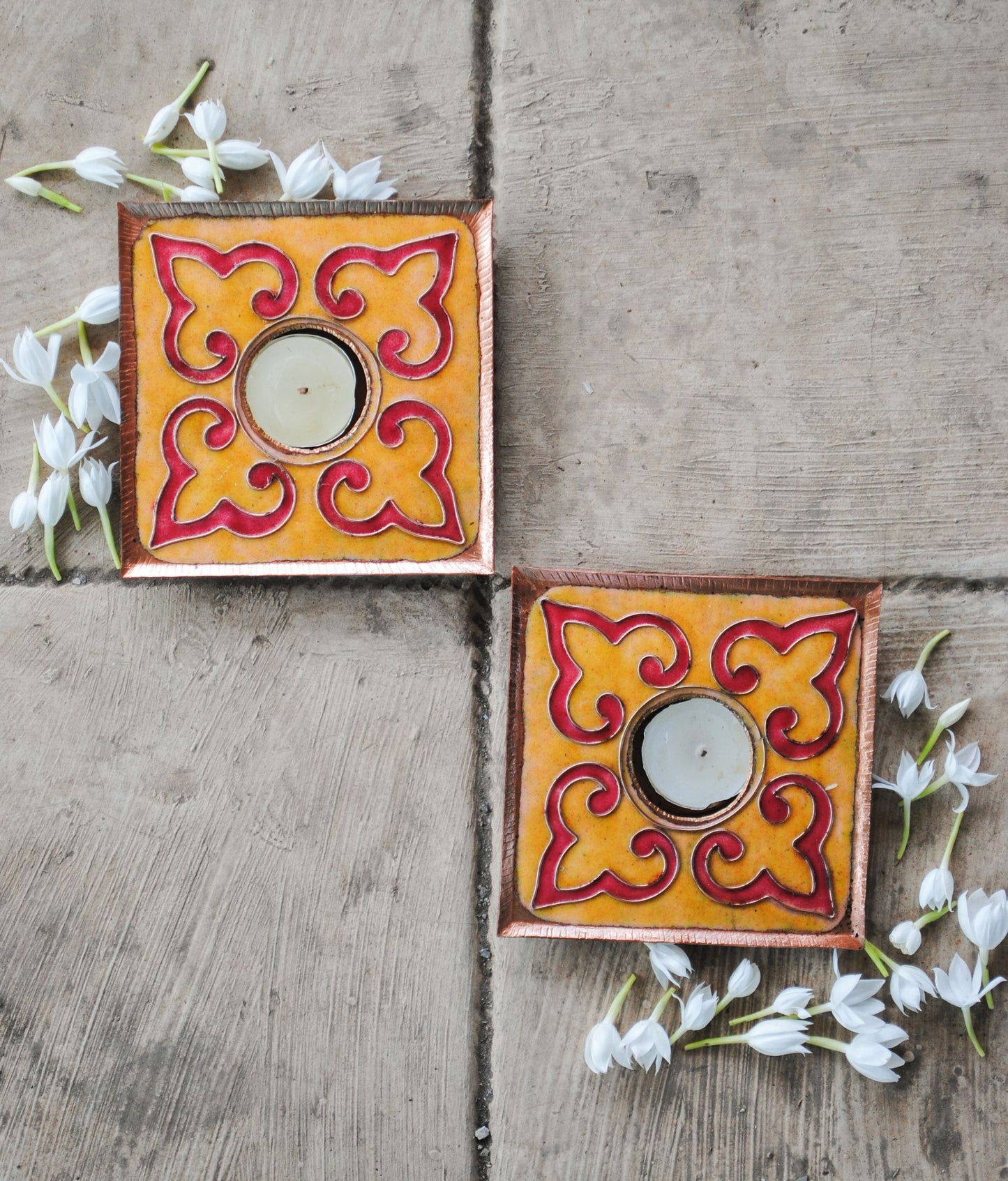 EkiBeki Handcrafted Tealight holder Rangoli Yellow Square (Set of 2)