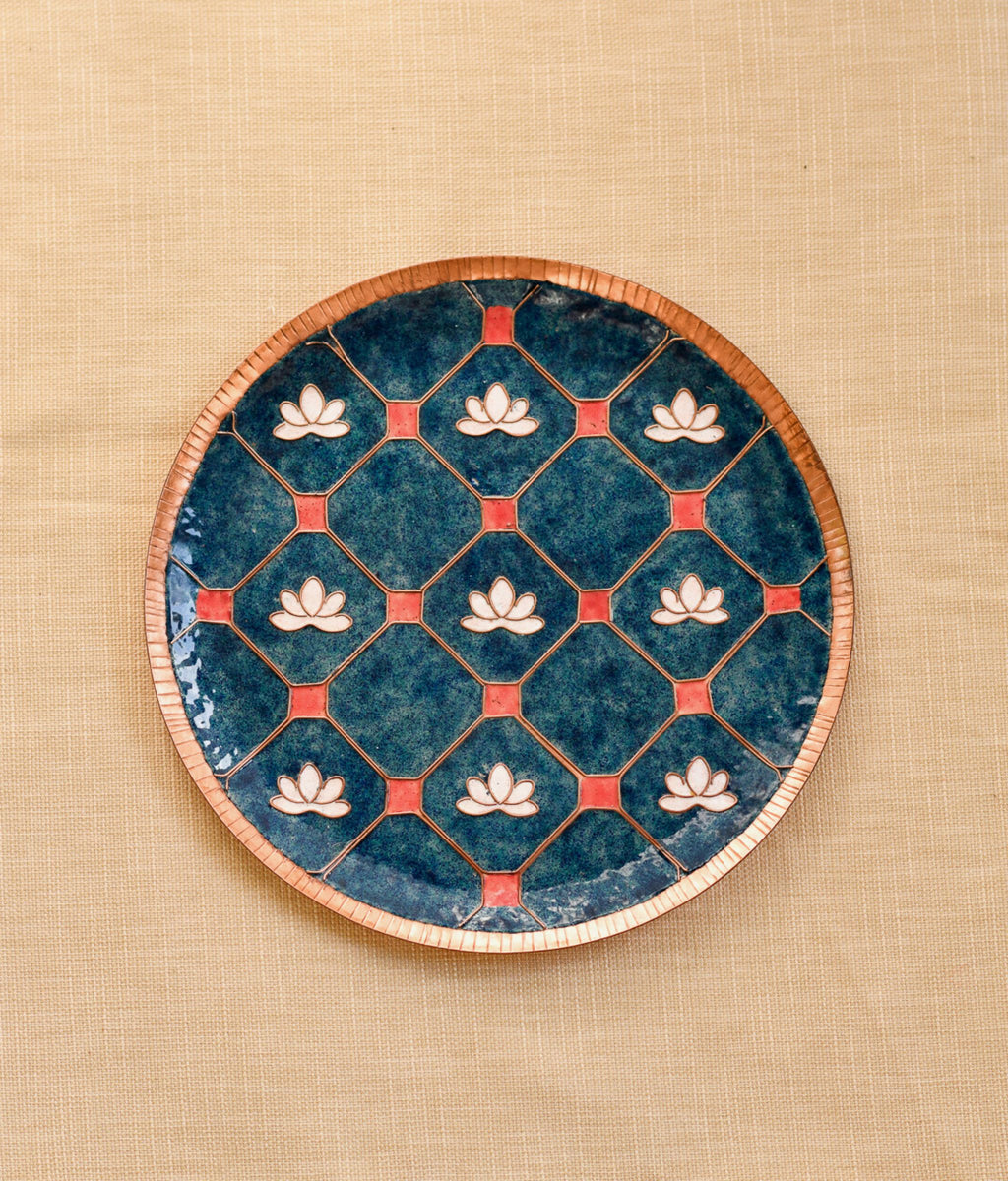 EkiBeki Handcrafted Copper Enamel Lotus in a jali Blue Wall Plate-3 sizes