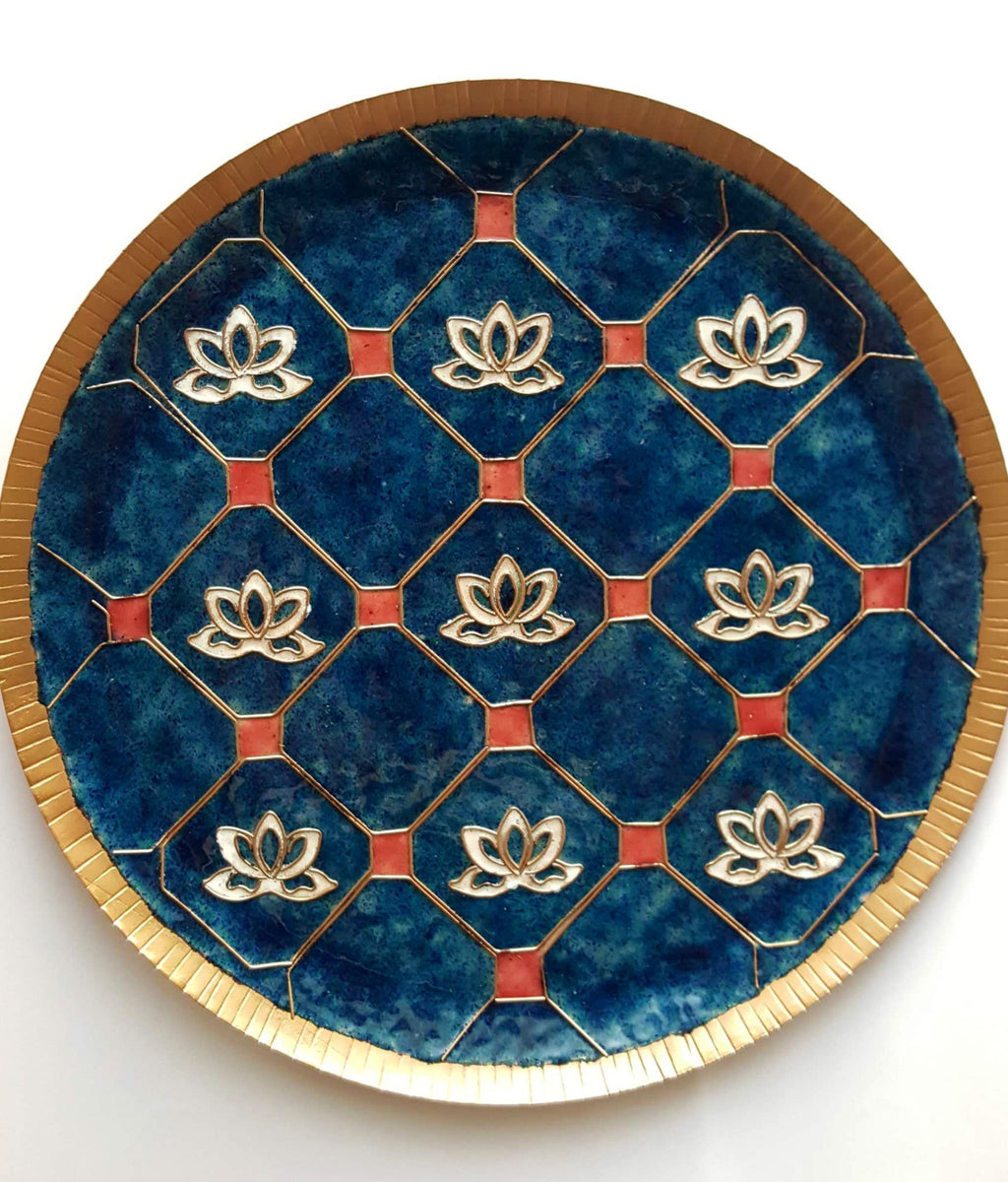 EkiBeki Handcrafted Copper Enamel Lotus in a jali Blue Wall Plate-3 sizes