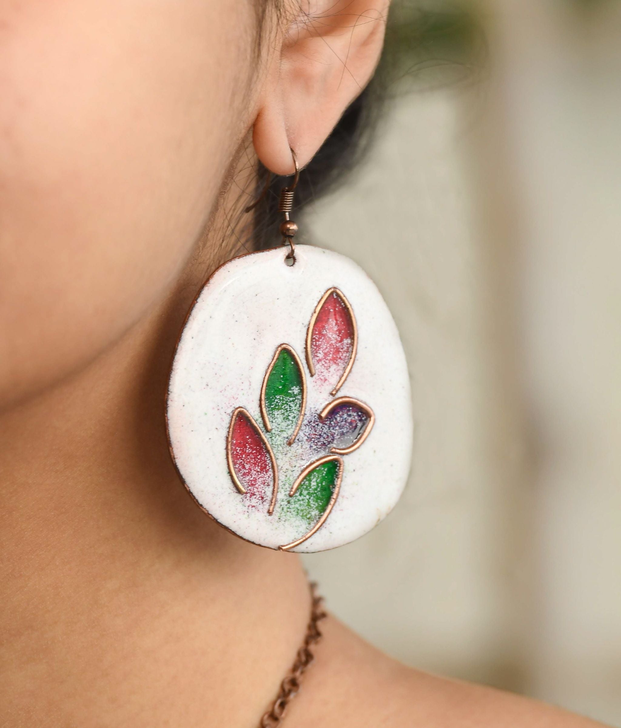 Handcrafted Leaflet White Copper Enamel Earrings