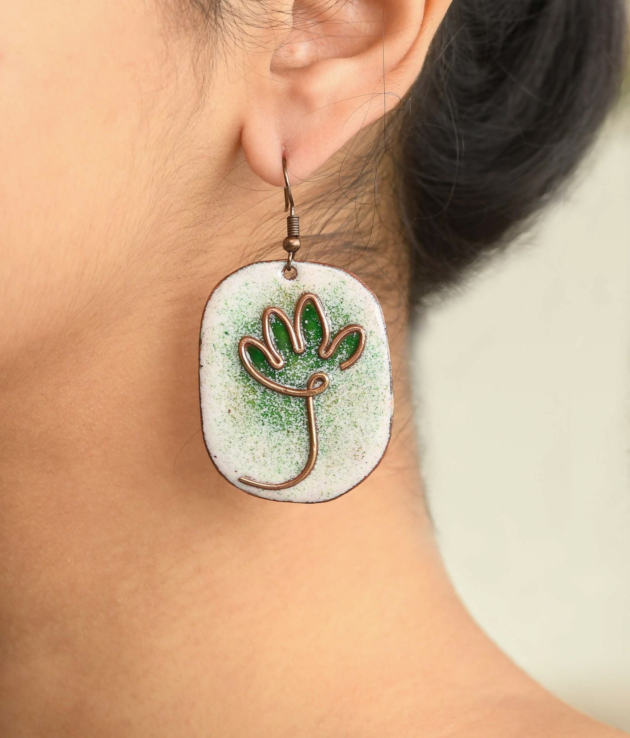 Handcrafted Lotus Bloom Green/White Copper Enamel Earrings