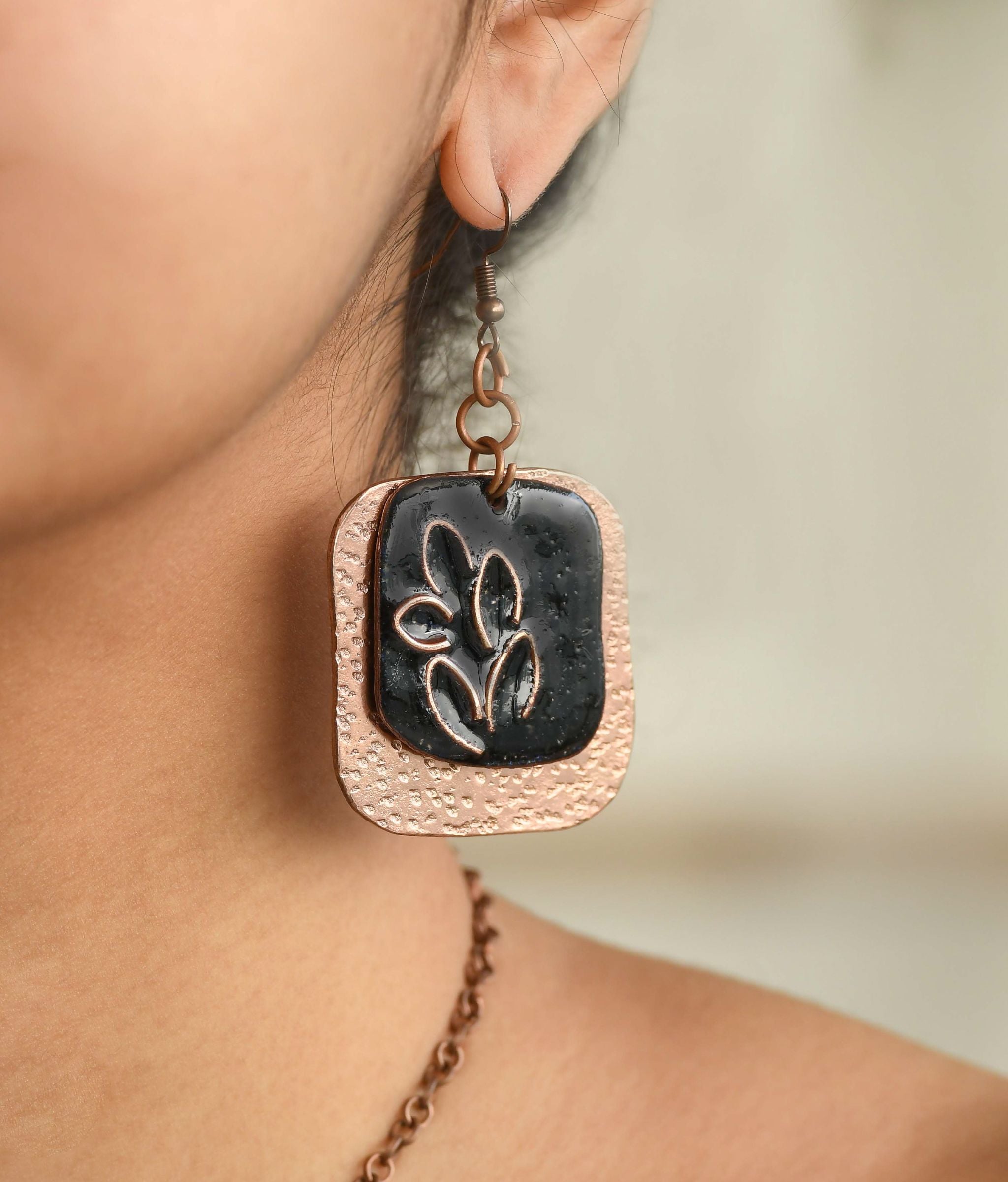 Handcrafted Phyllo Coal Black Copper Enamel Earrings